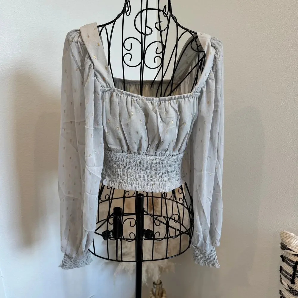 Anthropologie By The River Gray Sheer Chiffon Gold Speck Crop Smock Romantic Top